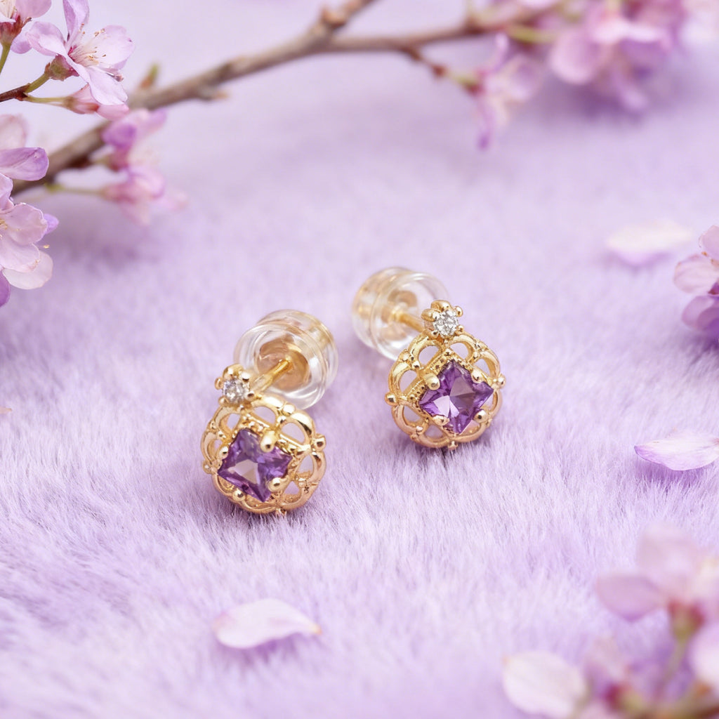 Boucles d'oreilles Mini Princesse « Éclat » — Plaqué or 14 carats, façon améthyste