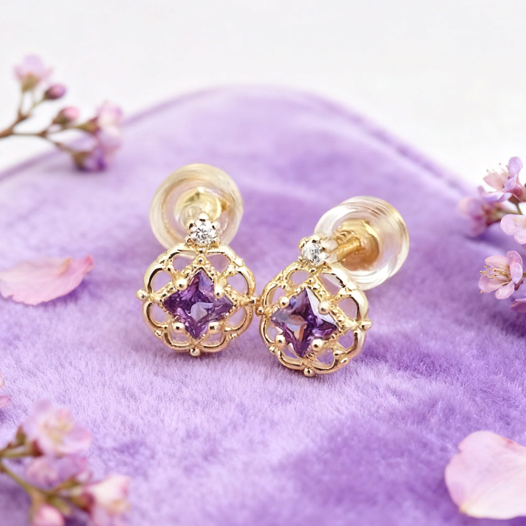 Boucles d'oreilles Mini Princesse « Éclat » — Plaqué or 14 carats, façon améthyste