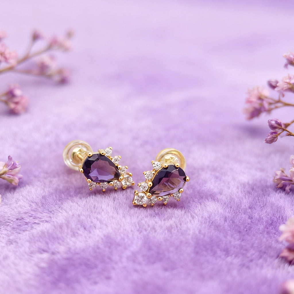 Boucles d'oreilles goutte violette « Éclat » — Plaqué or 18 carats, façon améthyste