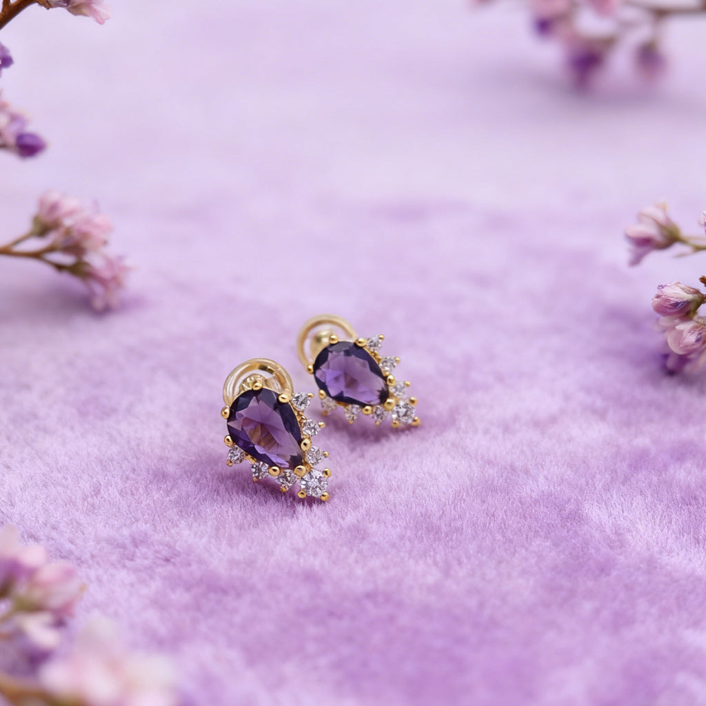 Boucles d'oreilles goutte violette « Éclat » — Plaqué or 18 carats, façon améthyste