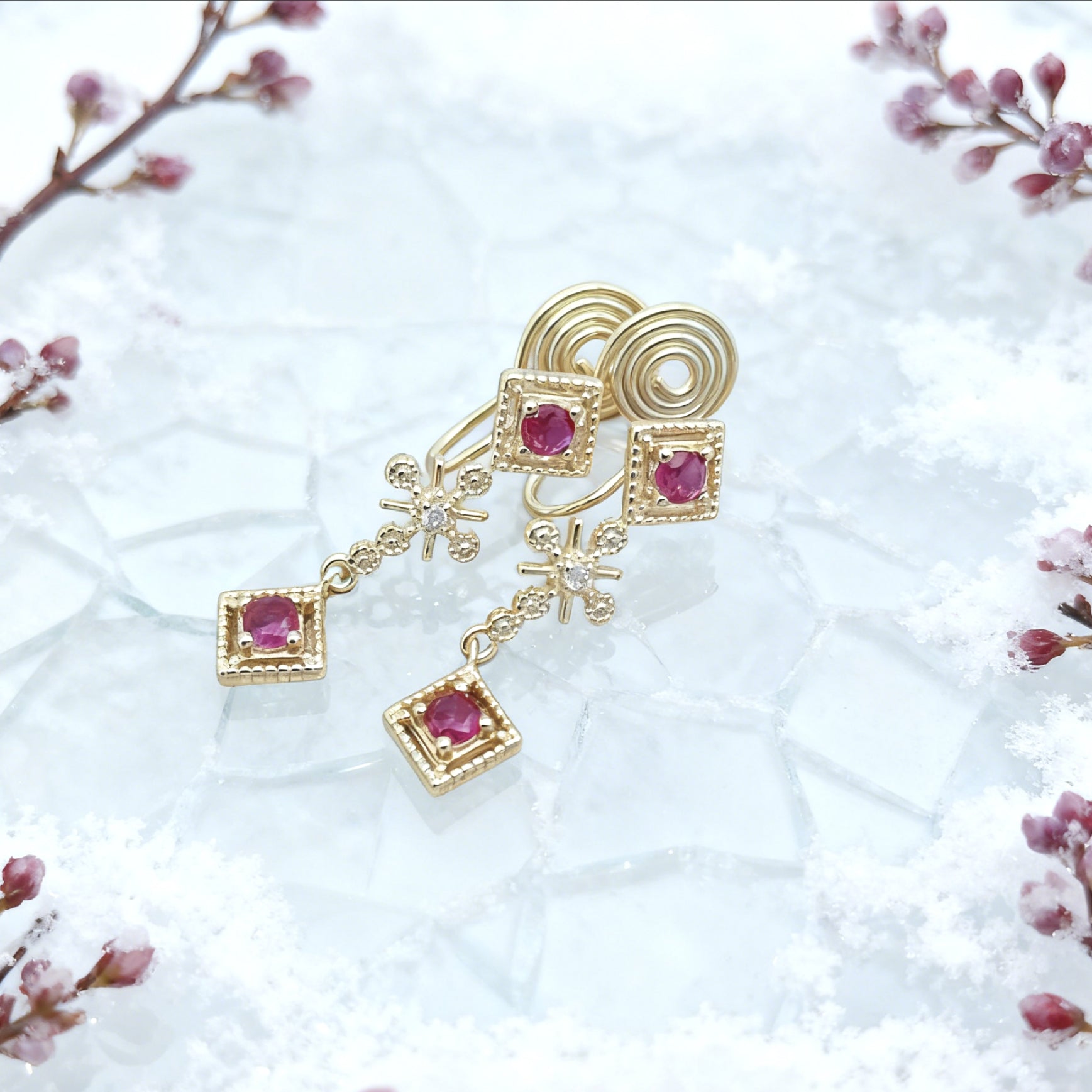 “Éclat” Ruby Glimmer Cascade Earrings — 14K Gold‑Plated, Gemstone-Style Accents