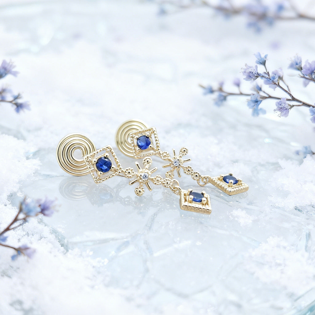 Boucles d'oreilles « Éclat » en cascade de saphirs scintillants — Plaqué or 14 carats, accents façon pierres précieuses