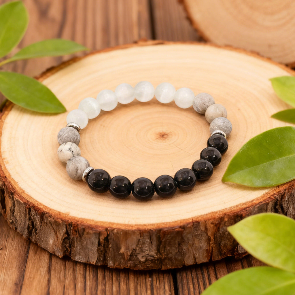Bracelet de perles « Lien » — Œil-de-chat, cristal L’Ardeur noir et jaspe carte