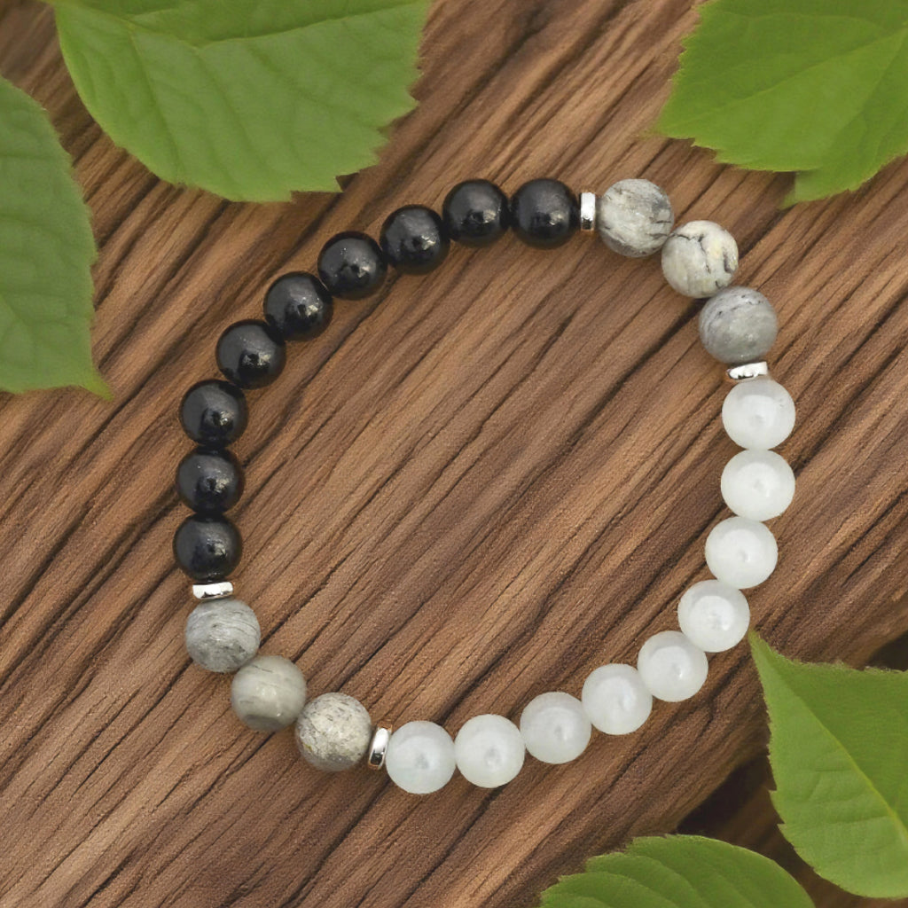 Bracelet de perles « Lien » — Œil-de-chat, cristal L’Ardeur noir et jaspe carte