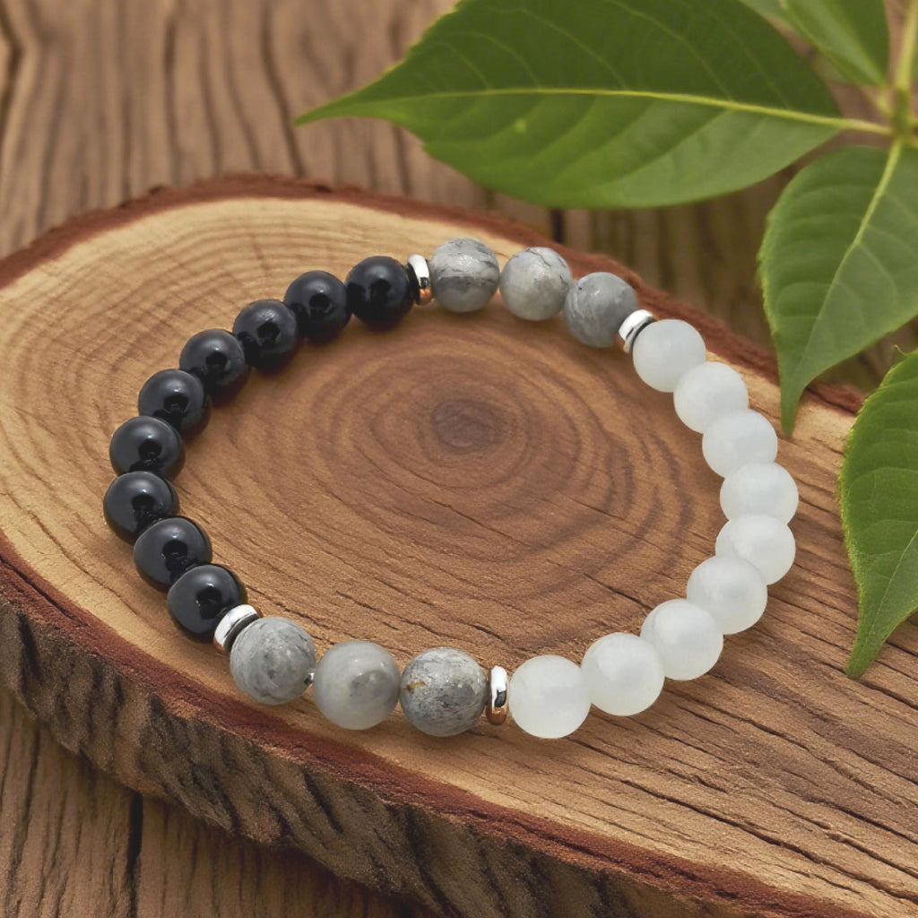 Bracelet de perles « Lien » — Œil-de-chat, cristal L’Ardeur noir et jaspe carte