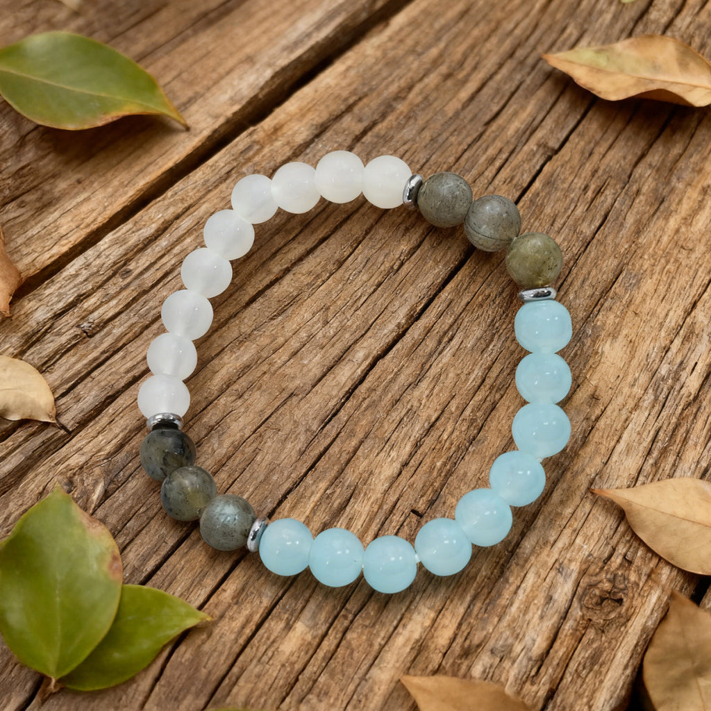 Bracelet de perles « Lien » — Labradorite, cristal L’Ardeur aigue-marine et cristal L’Ardeur jade blanc