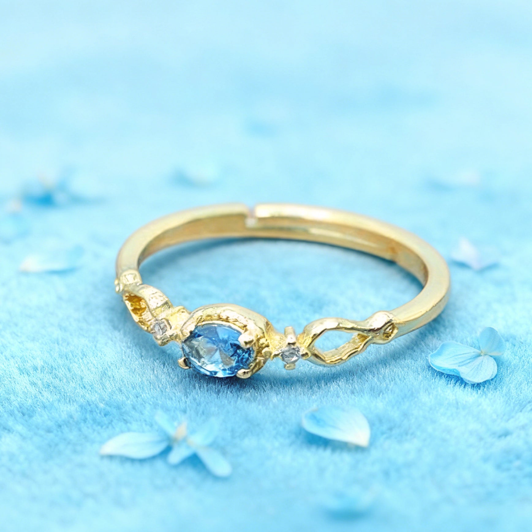“Toujours” Adjustable Ring — 14K-Gold Plated Paraiba-Blue Faux Apatite & Clear L’Ardeur Cubic Zircons