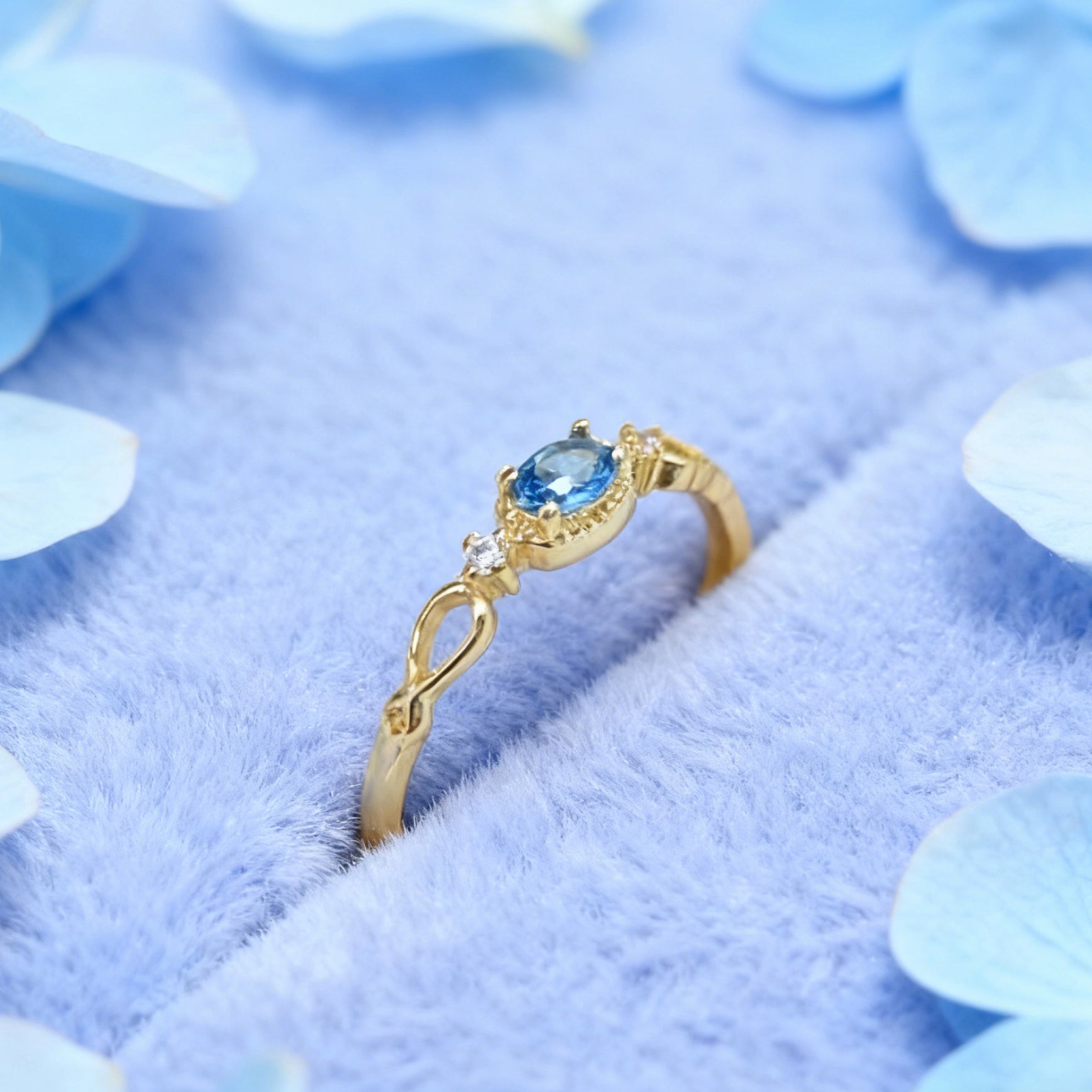 “Toujours” Adjustable Ring — 14K-Gold Plated Paraiba-Blue Faux Apatite & Clear L’Ardeur Cubic Zircons