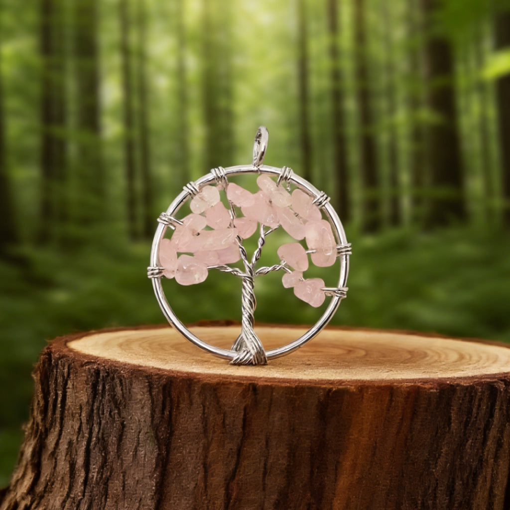 Pendentif Arbre de Vie « Léger » — Éclats de quartz rose