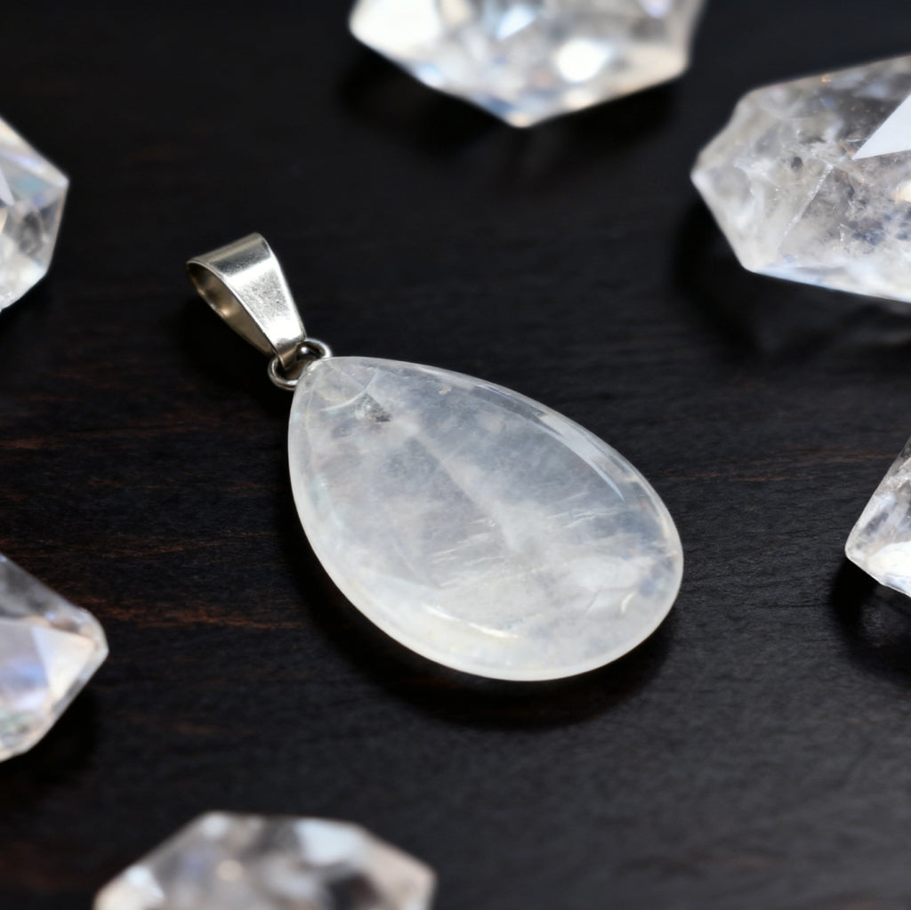 Pendentif en forme de larme « Léger » — Quartz clair naturel, taille plate