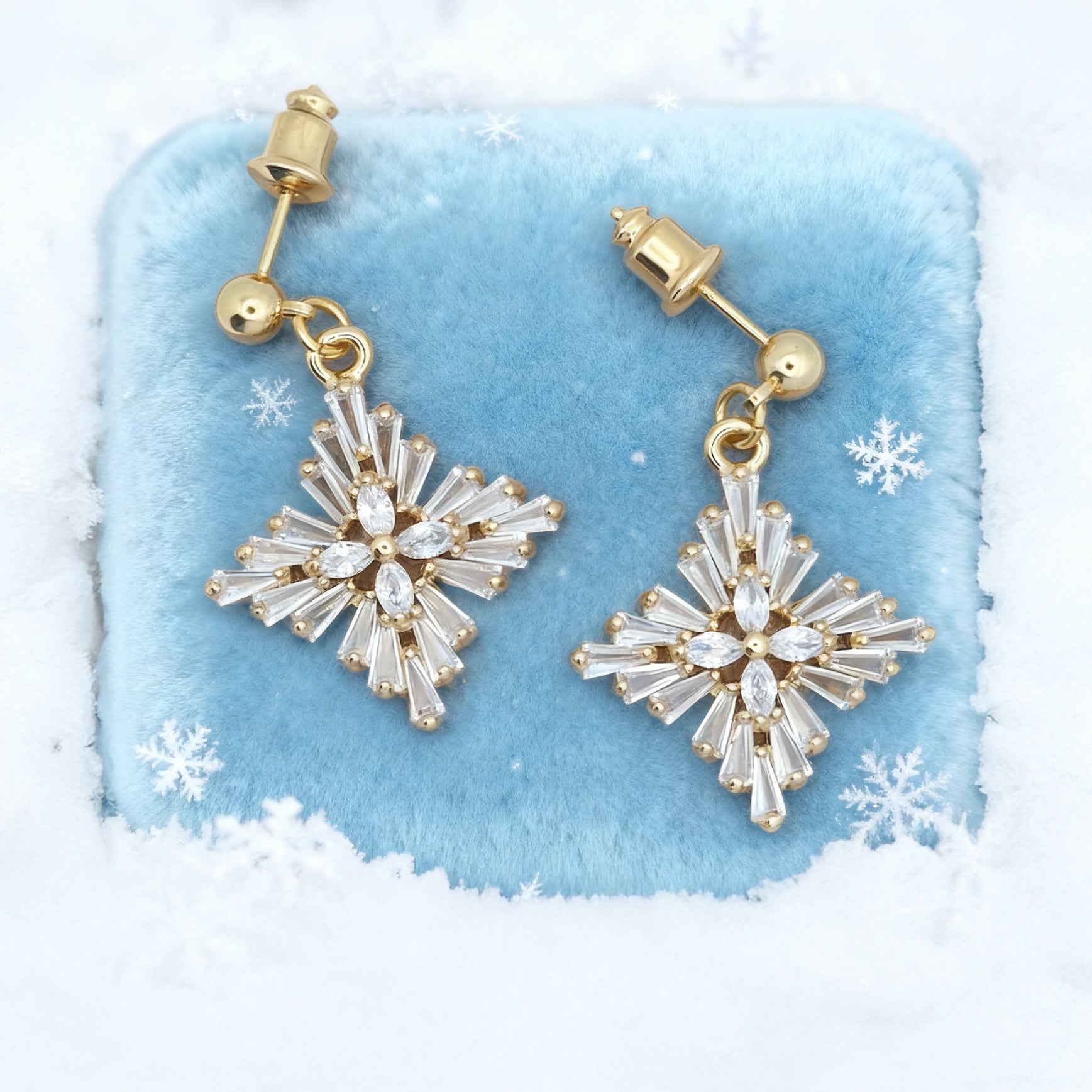 “Éclat” Frosted Starburst Drop Earrings — 18K Gold‑Plated, White‑Crystal Style