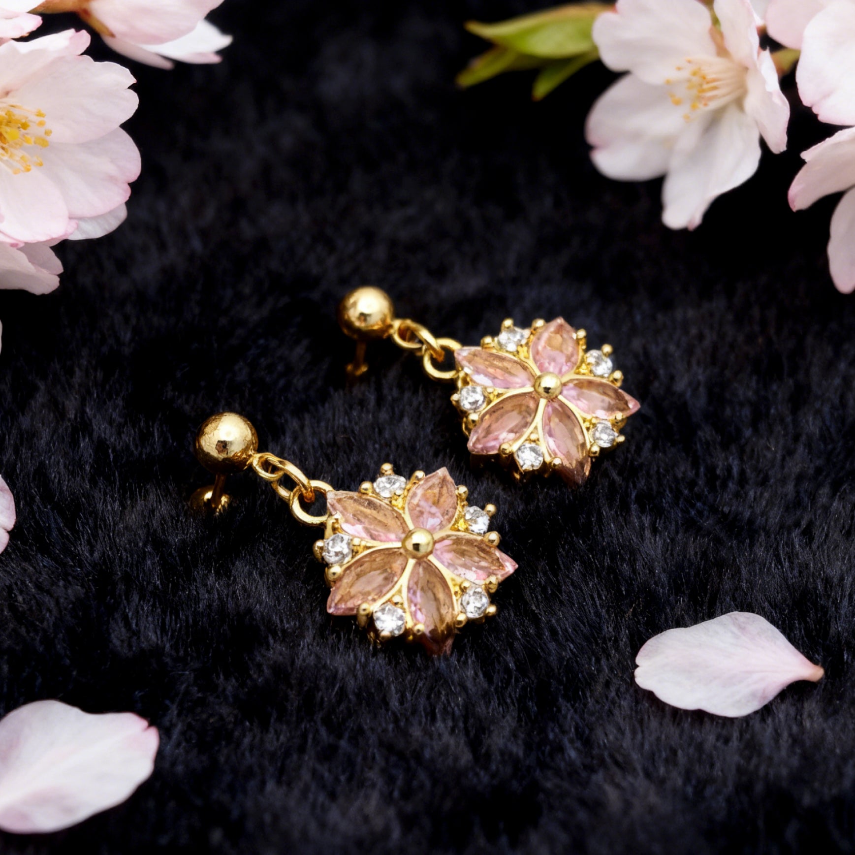 “Éclat” Blush Sakura Drop Earrings — 18K Gold‑Plated, Pink Cubic Zirconia