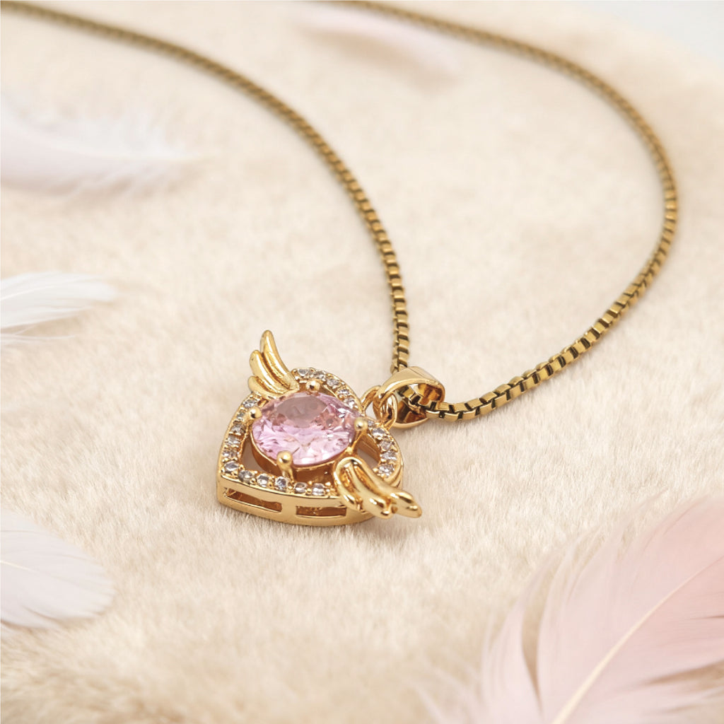 Collier pendentif Cœur d'ange « Étreinte » — Plaqué or 18 carats, style diamant rose