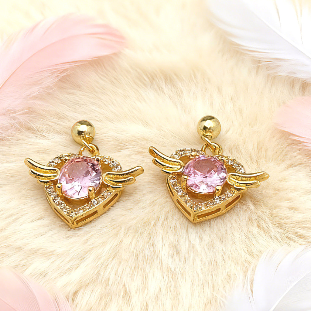 Boucles d'oreilles pendantes cœur ailes d'ange « Éclat » — Plaqué or 18 carats, style diamant rose