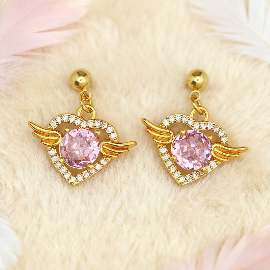 Boucles d'oreilles pendantes cœur ailes d'ange « Éclat » — Plaqué or 18 carats, style diamant rose