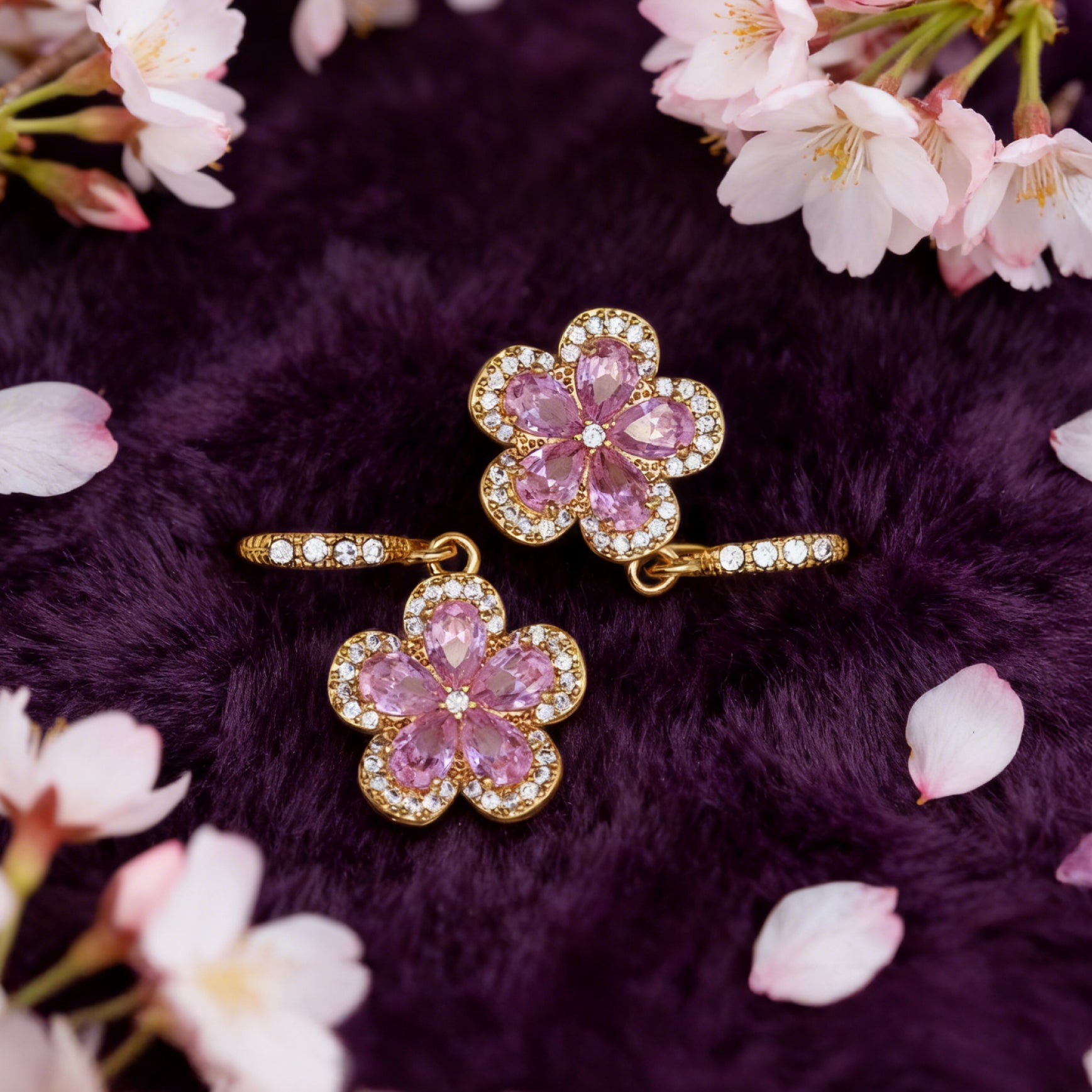“Éclat” Petal Glow Sakura Hook Earrings — 18K Gold‑Plated, Pink Cubic Zirconia