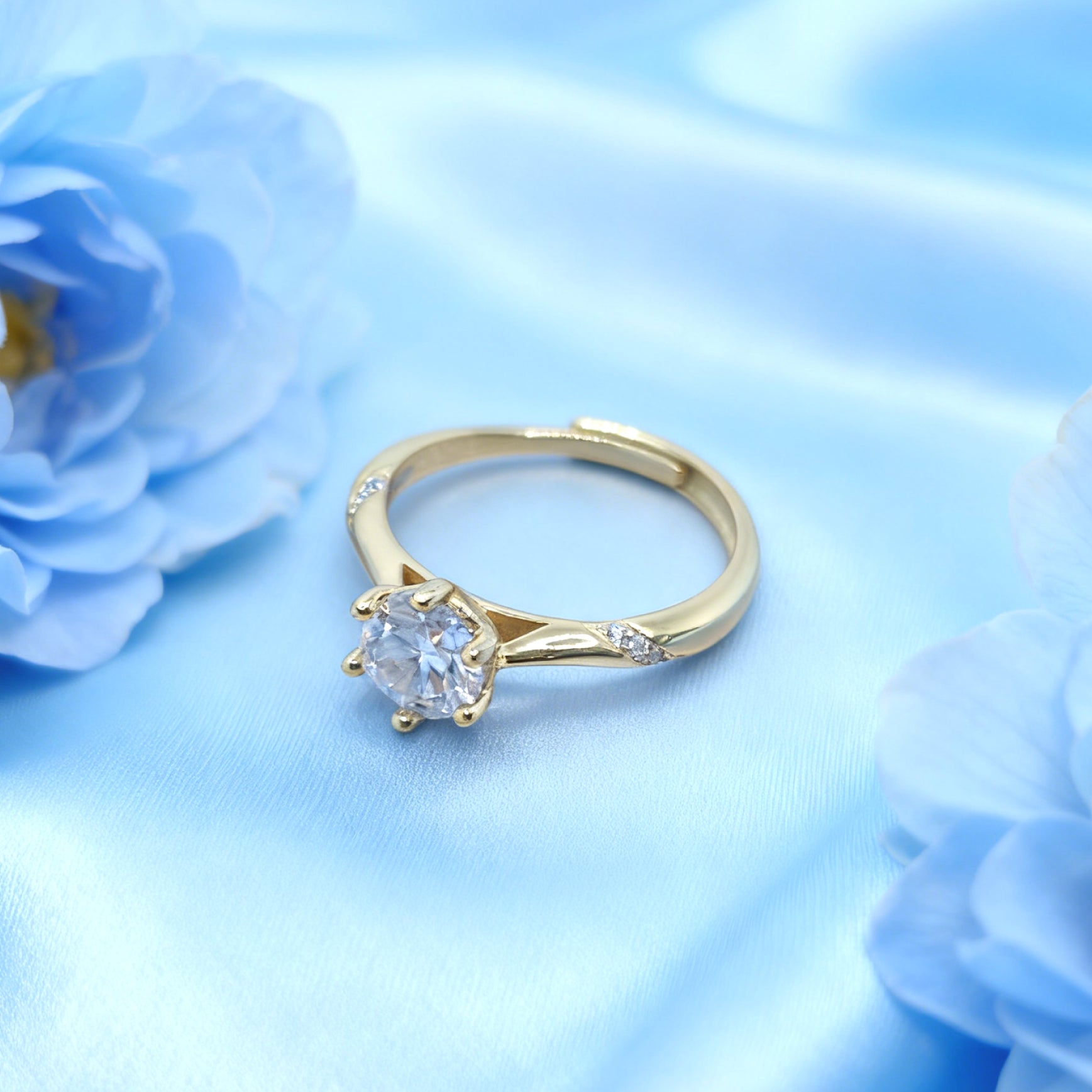 "Toujours" Aurora Six‑Prong Solitaire Ring — 18K Gold‑Plated Sterling, Moissanite