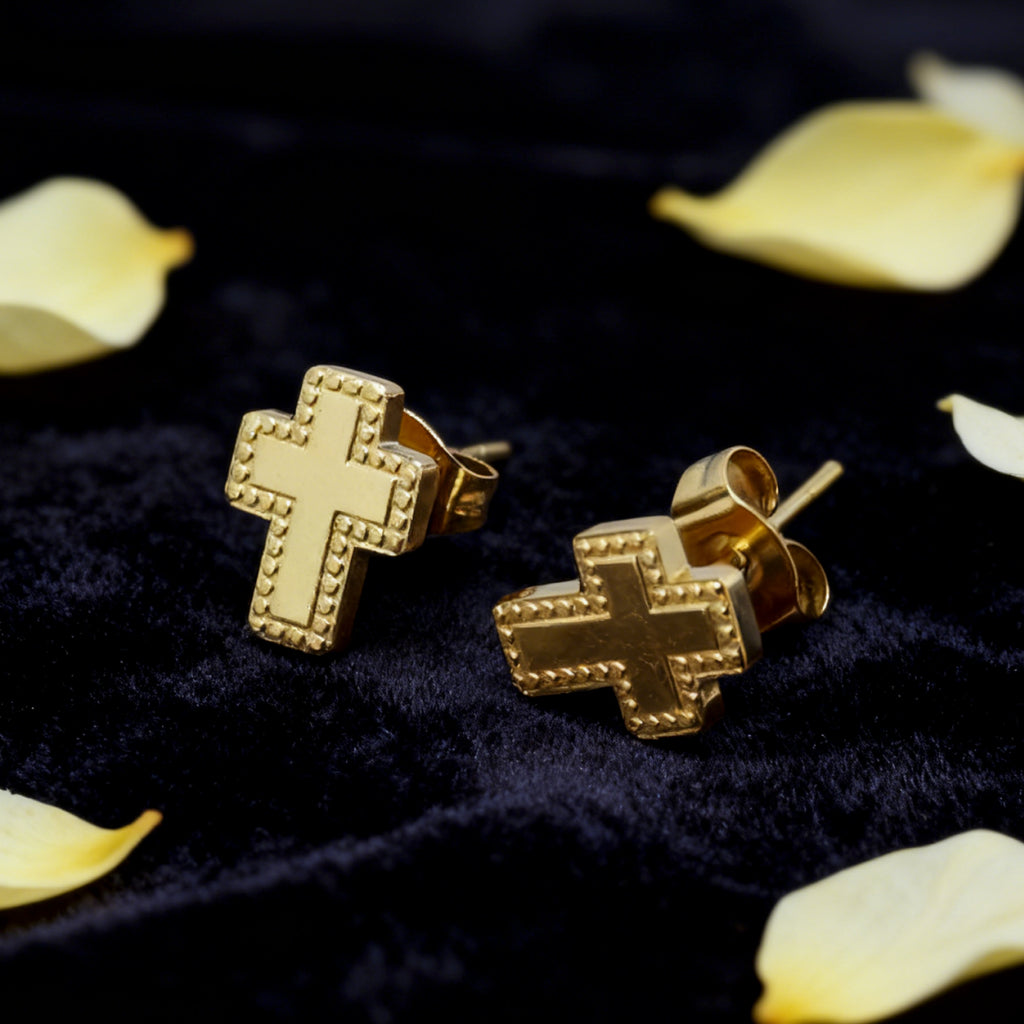 Boucles d'oreilles puces croix milgrain « Éclat » — Plaqué or 18 carats